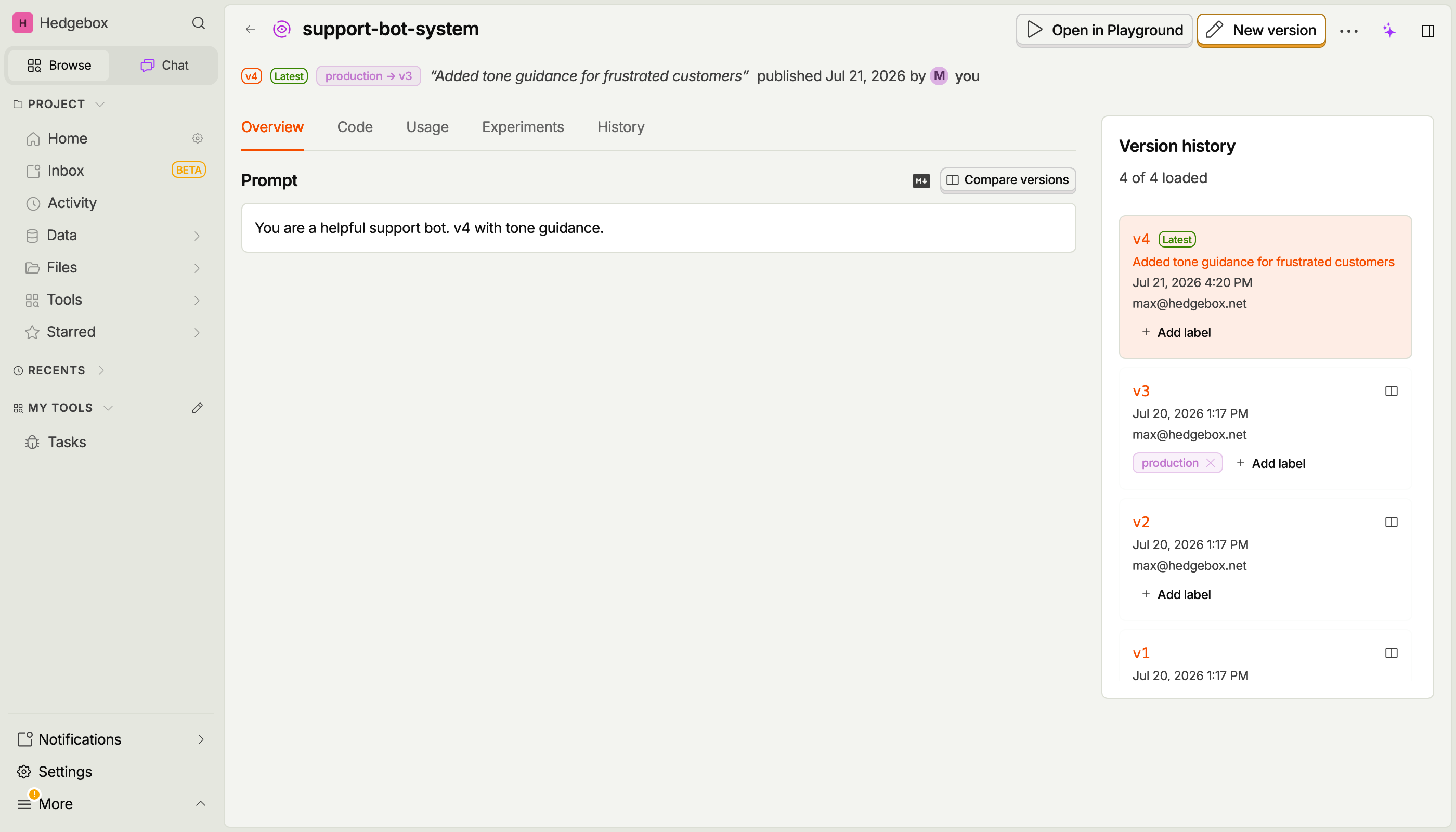 Labels on prompt versions in the version history